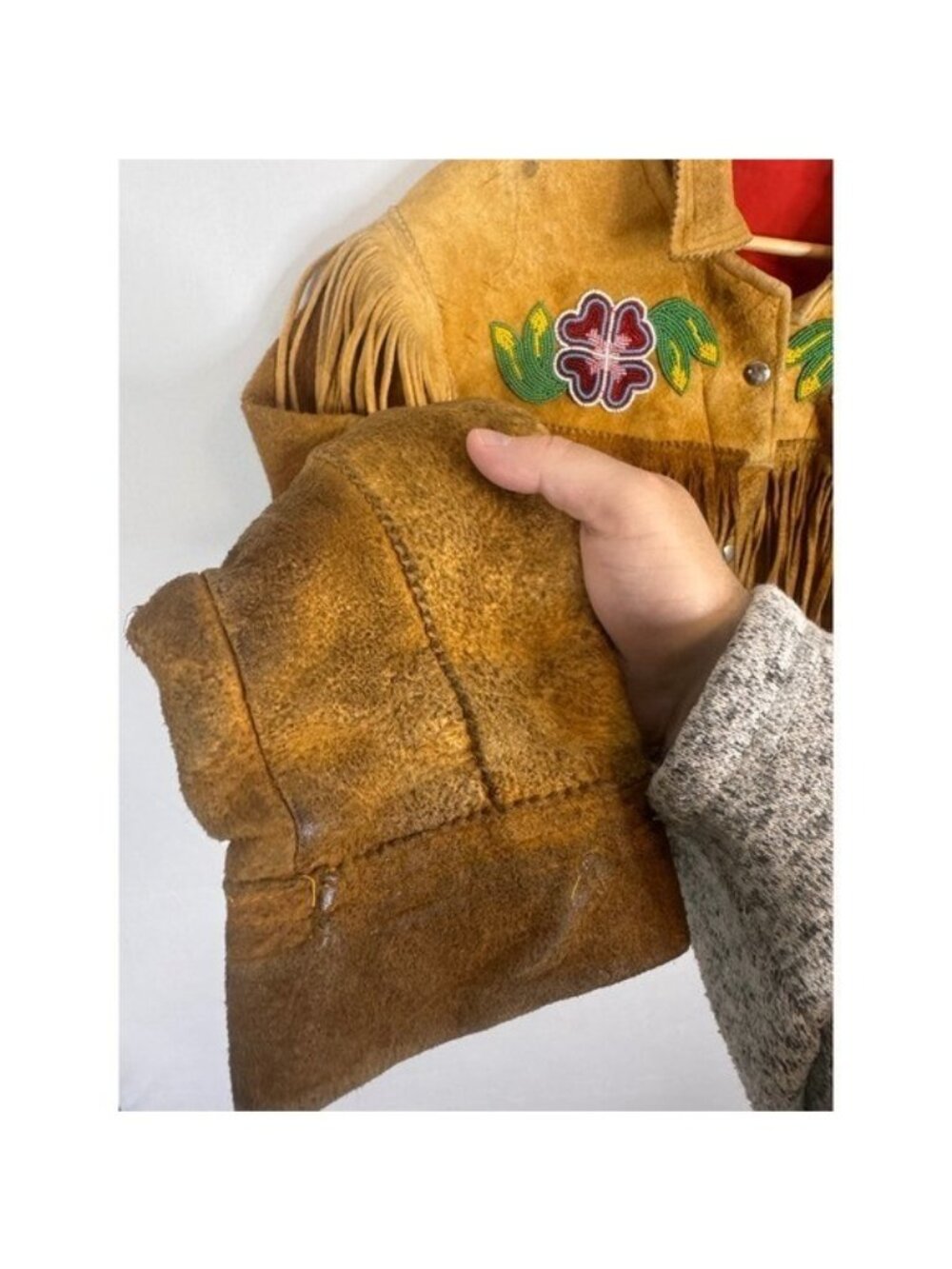 Vintage Buckskin Western Beaded Fringe Jacket Leather Floral Native Crop Women S - Picture 4 of 16